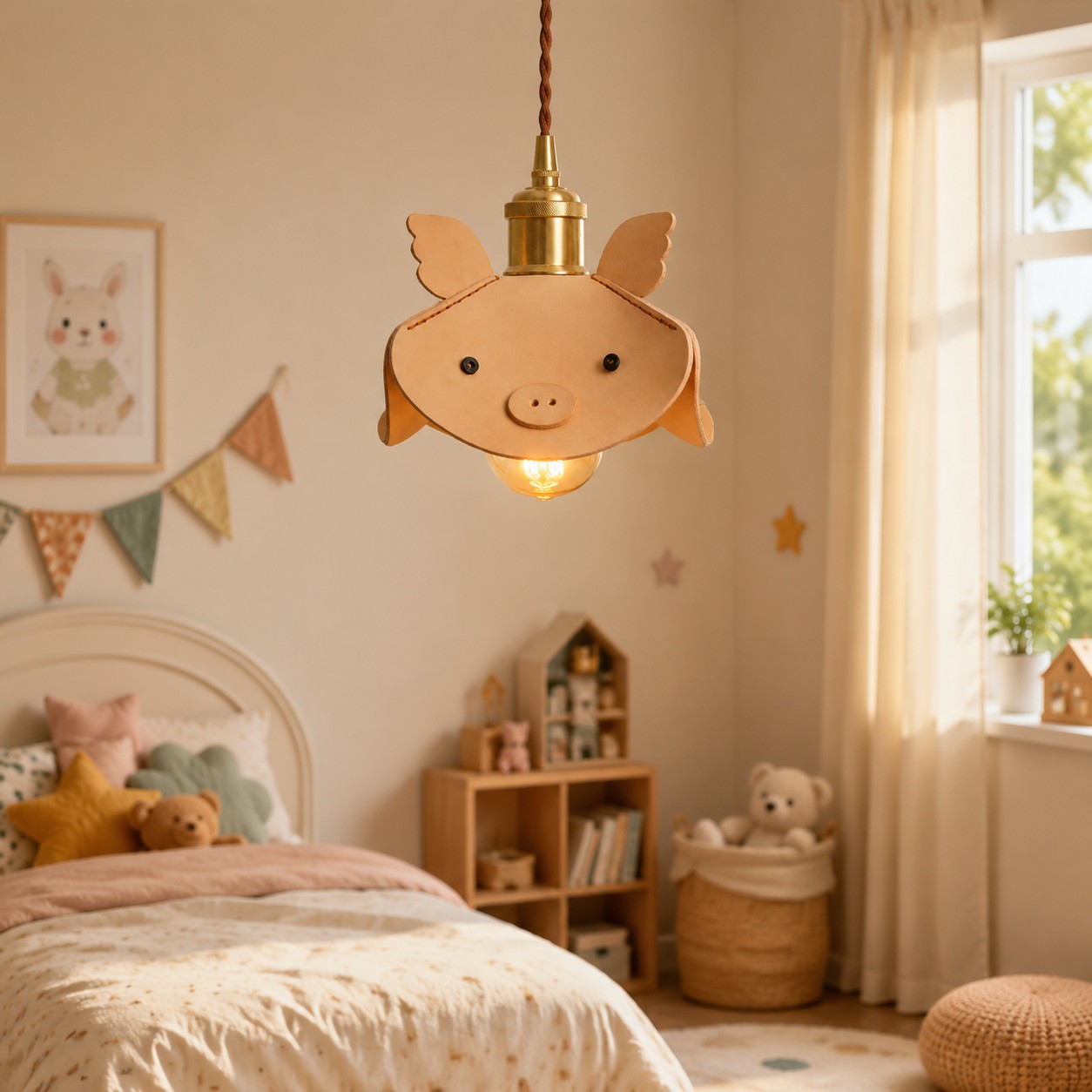 Piglet leather pendant light in a bedroom