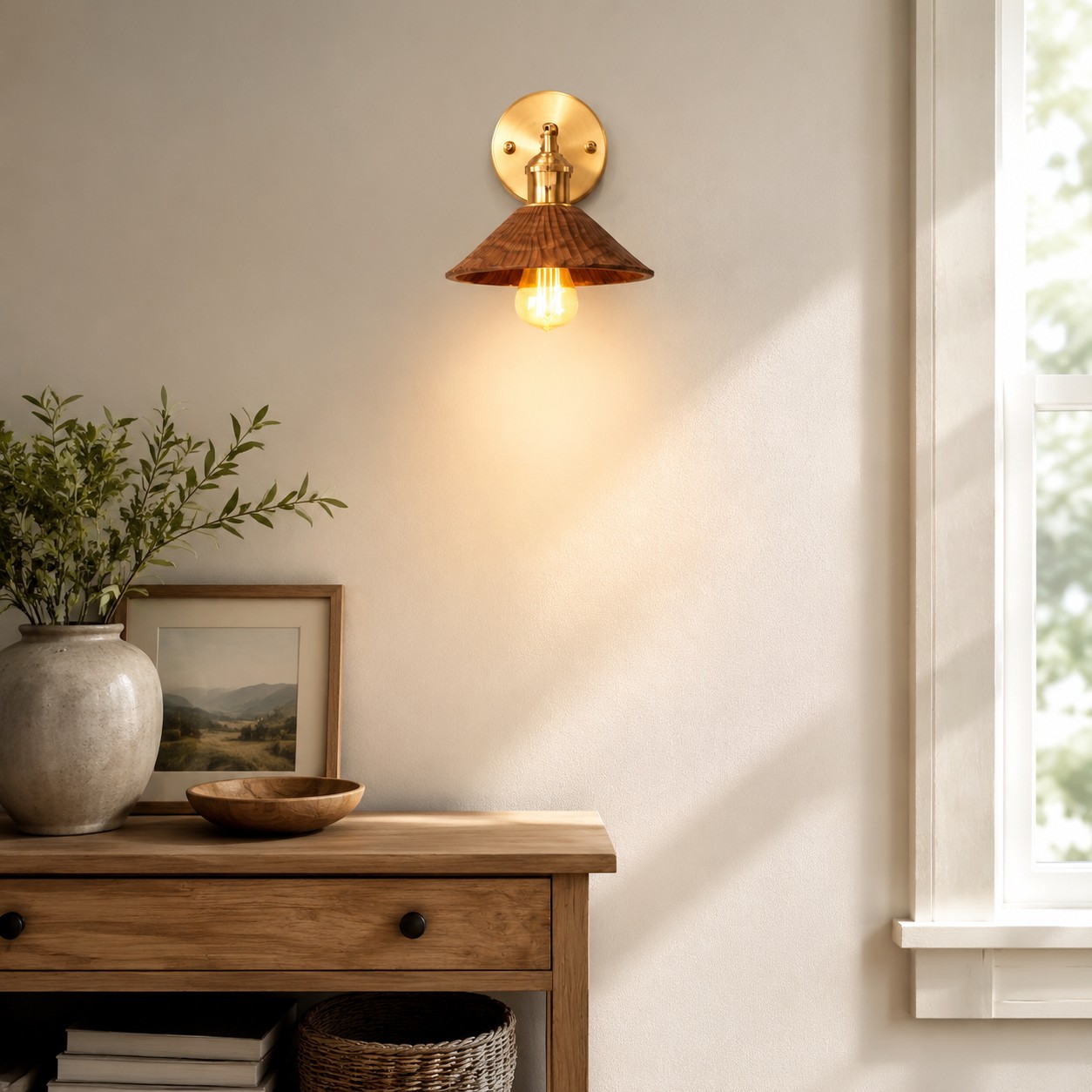 Hand-carved wood and brass wall sconce in a warm home interior