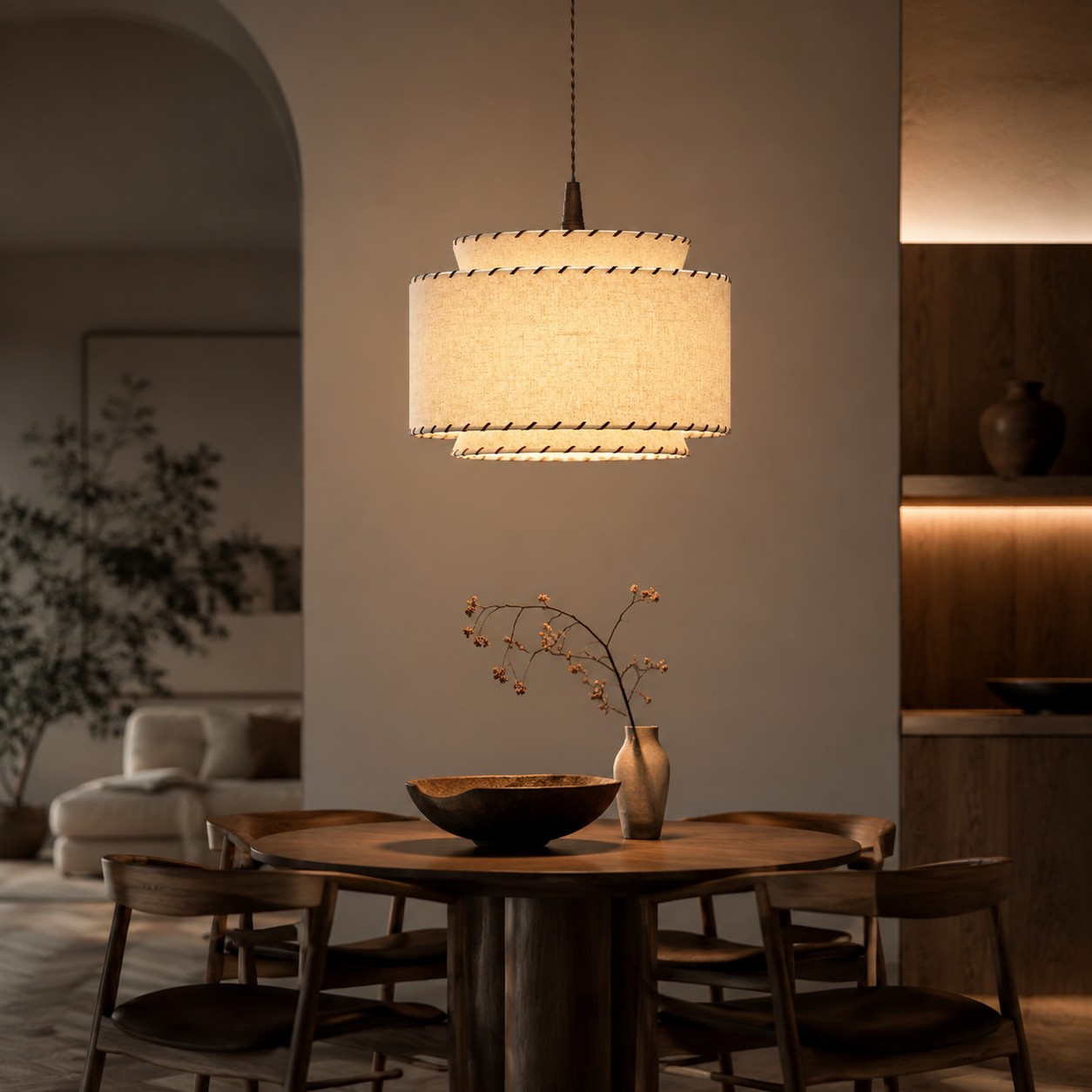 Suspension lumineuse en lin installée au-dessus d'un espace salle à manger chaleureux
