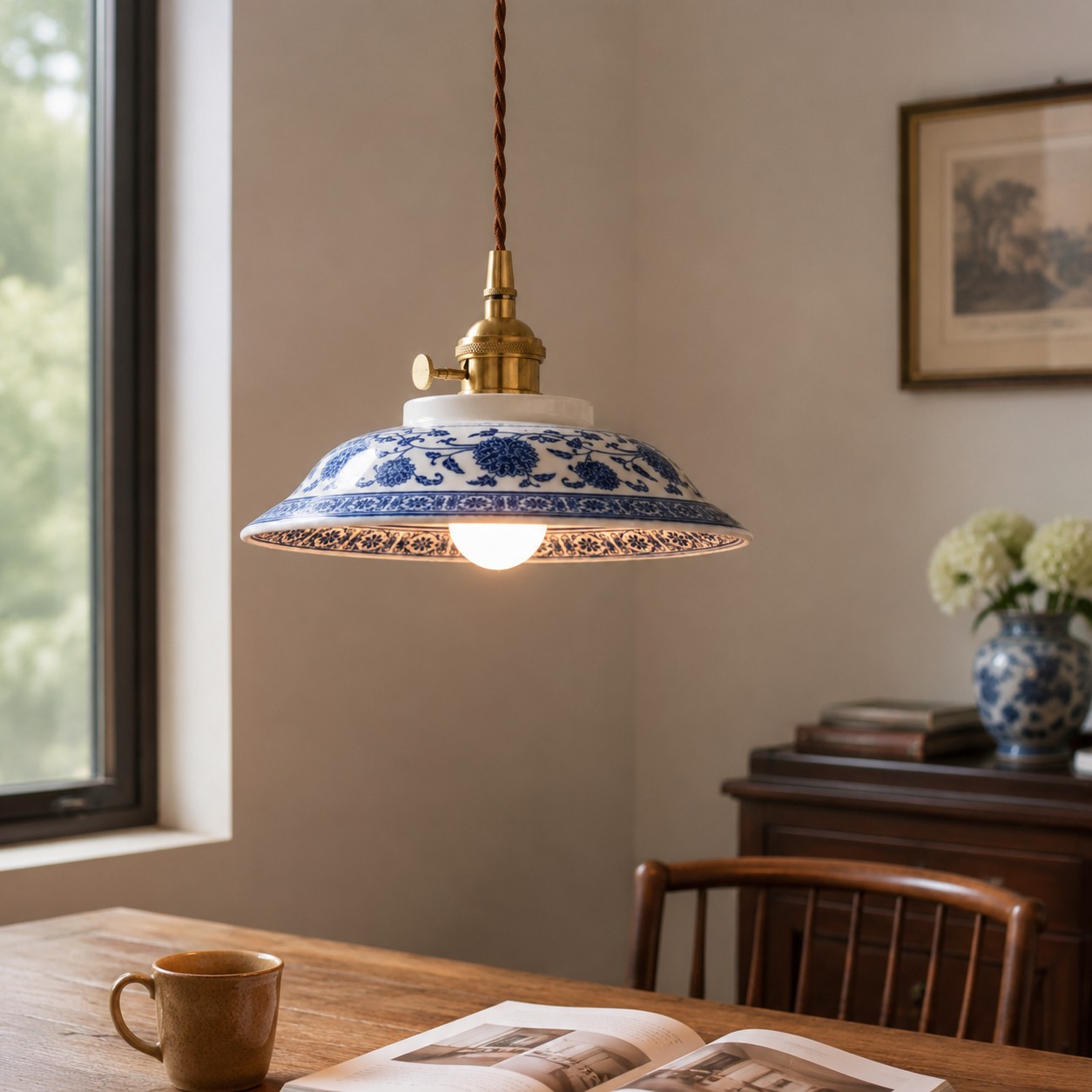 Ceramic pendant lamp styled above a wooden dining table