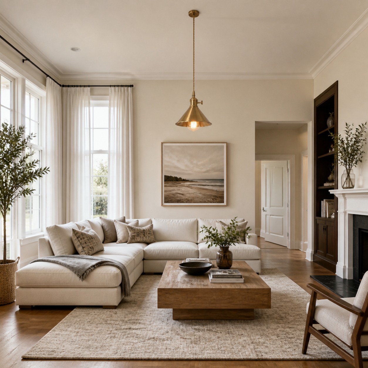 Brass pendant light in a daylight living room
