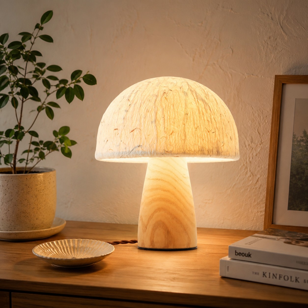 Lámpara de mesa con forma de seta, decorada con plantas y libros.