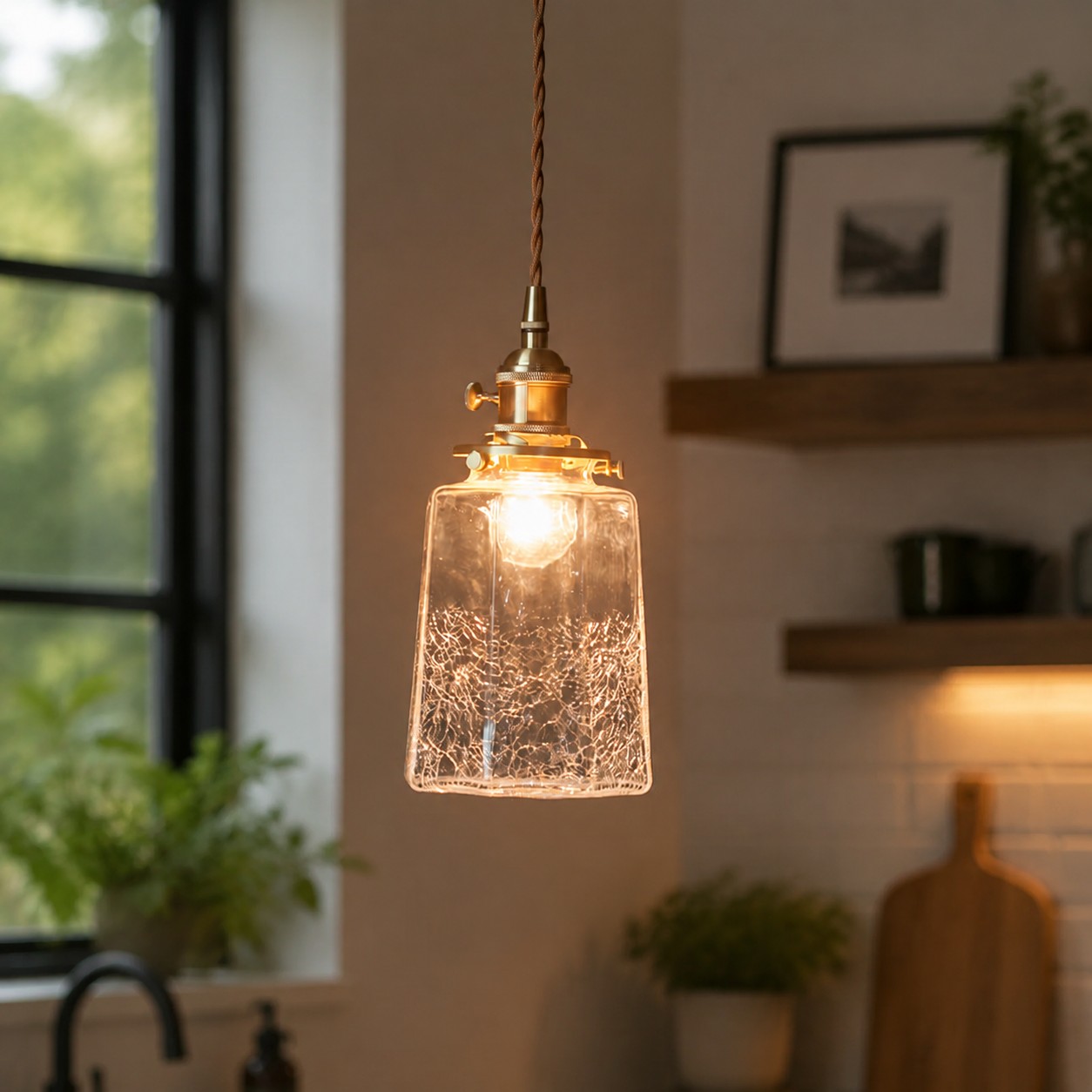 Transparent crackle glass pendant light
