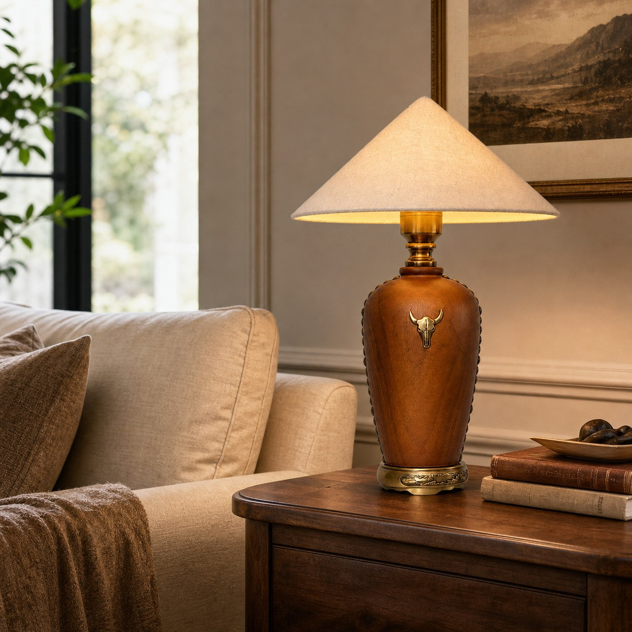 Cremefarbene Tischlampe mit Holzschirm neben einem Sofa