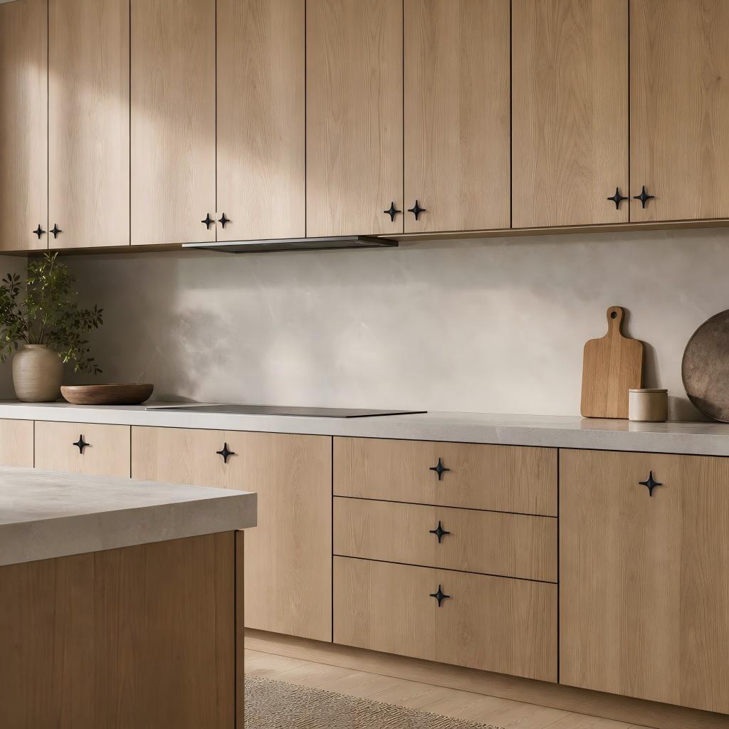 Black starburst cabinet pulls installed on kitchen cabinets