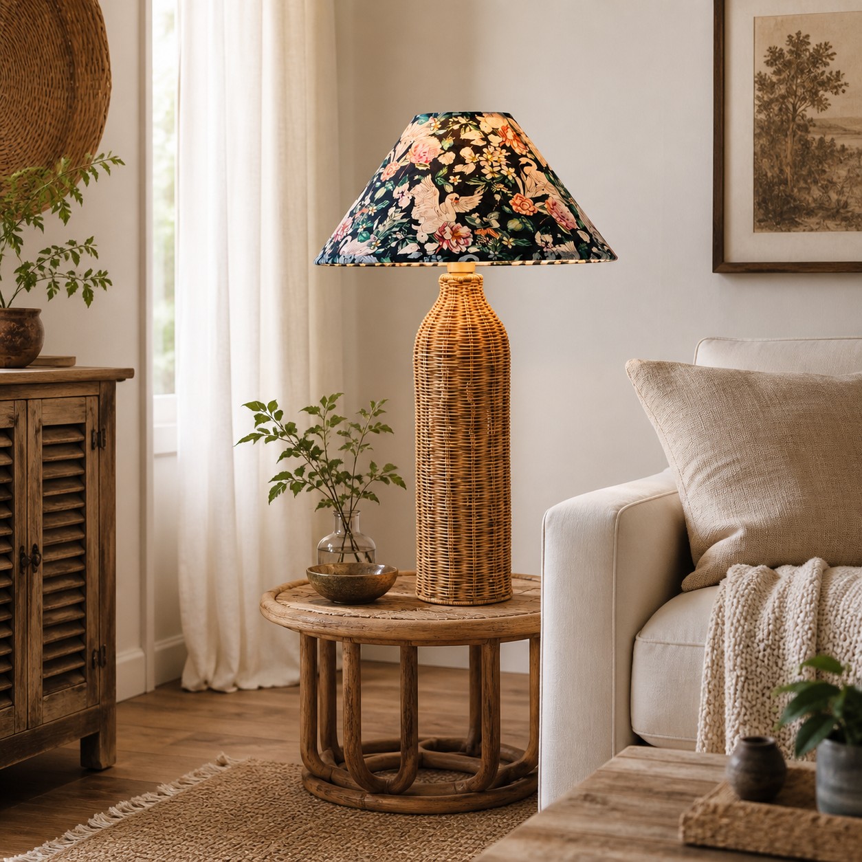 Hohe Tischlampe aus Rattan neben einem neutralen Sofa