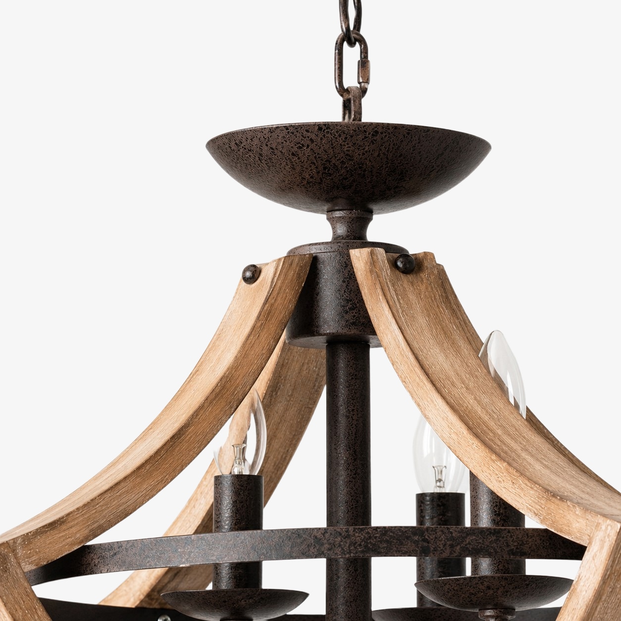 Lustre suspendu à 3 lumières en bois vieilli rustique et finition rouille