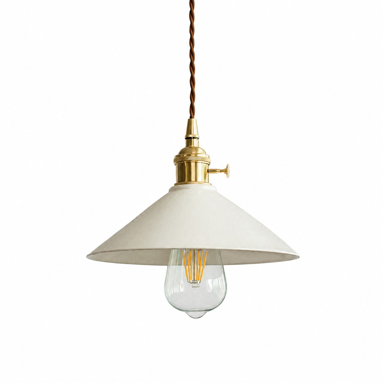 Ivory ceramic pendant light with brass-tone socket