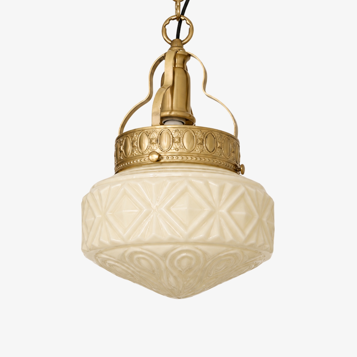 Suspension en verre beige gaufré avec ferrures en laiton