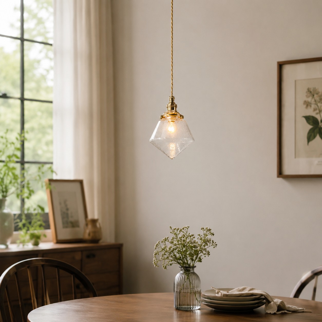 Bubble glass pendant above a small dining table