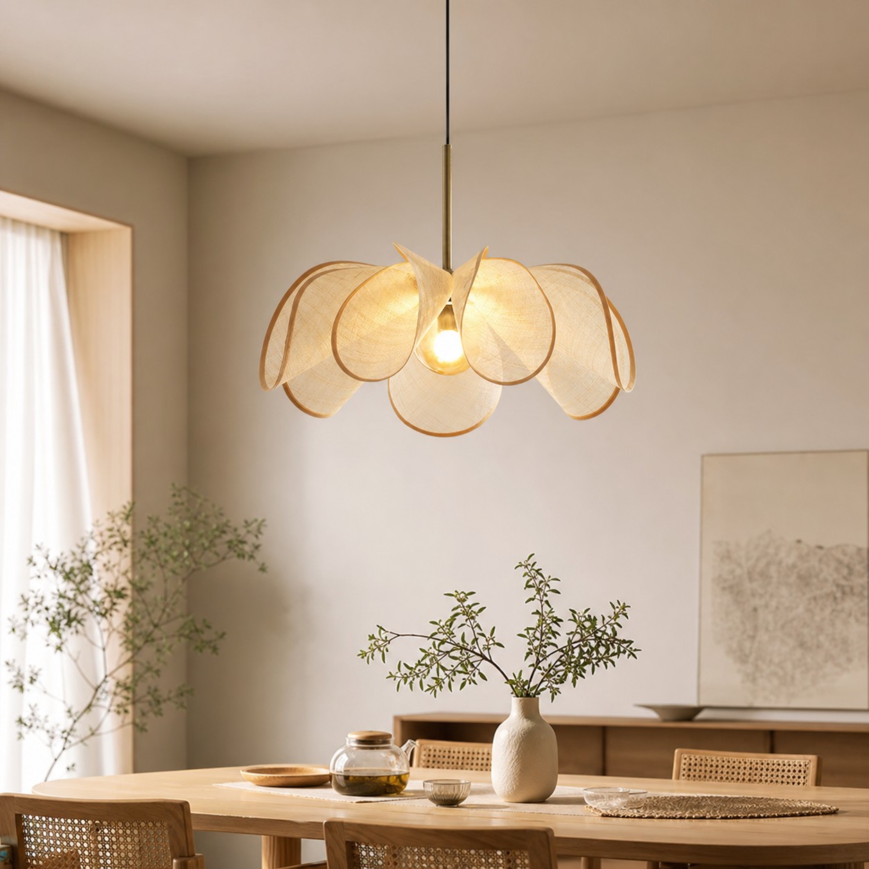 Natuurlijke crèmekleurige hanglamp in de eetkamer.
