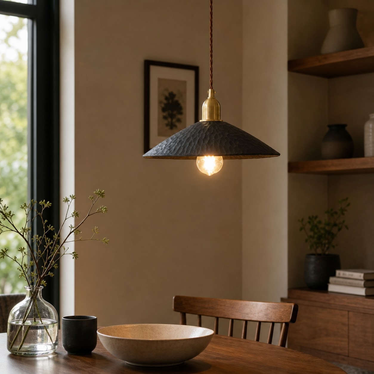 Black wooden pendant light above a warm dining table