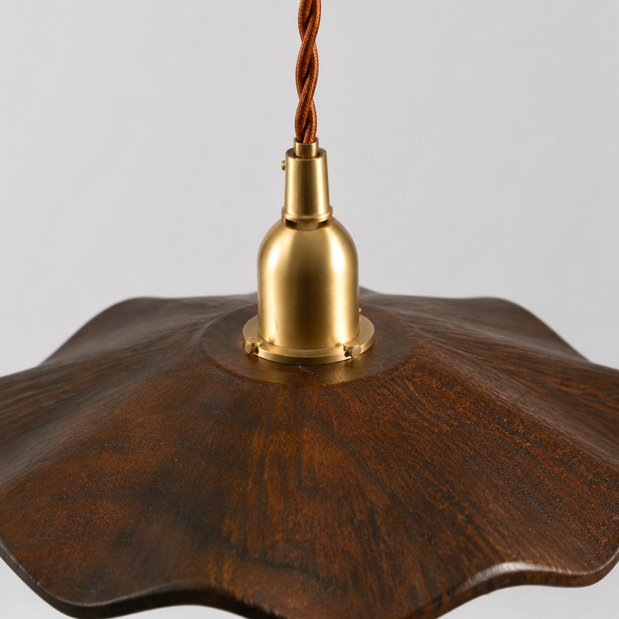 Black Walnut wood lotus pendant light brass socket detail