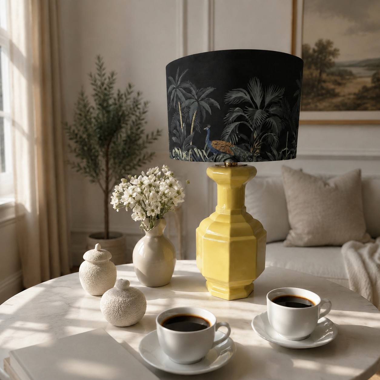 Facettierte, zitronengelbe Keramik-Tischlampe im Wohnzimmer
