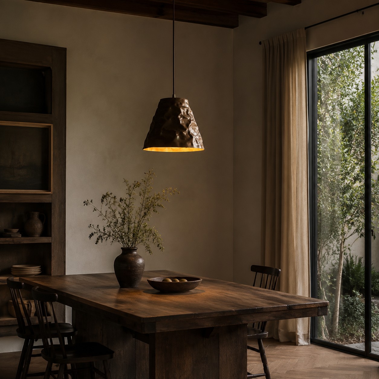 Full view of hammered brass pendant lamp shade