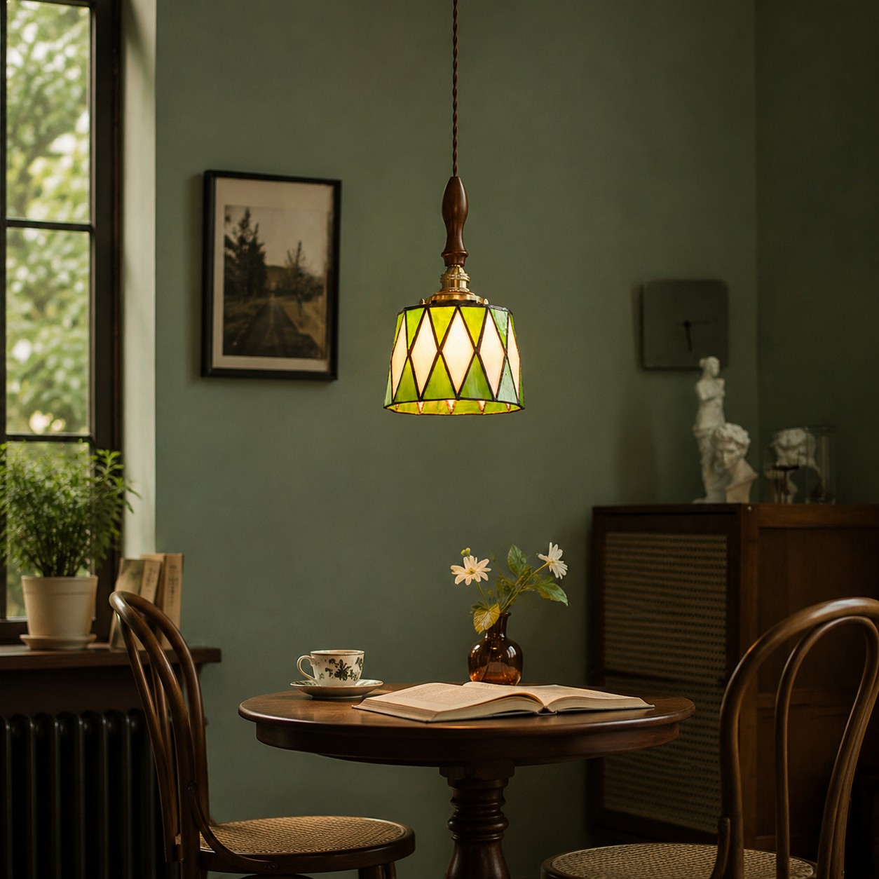 Vintage green stained-glass pendant in an interior