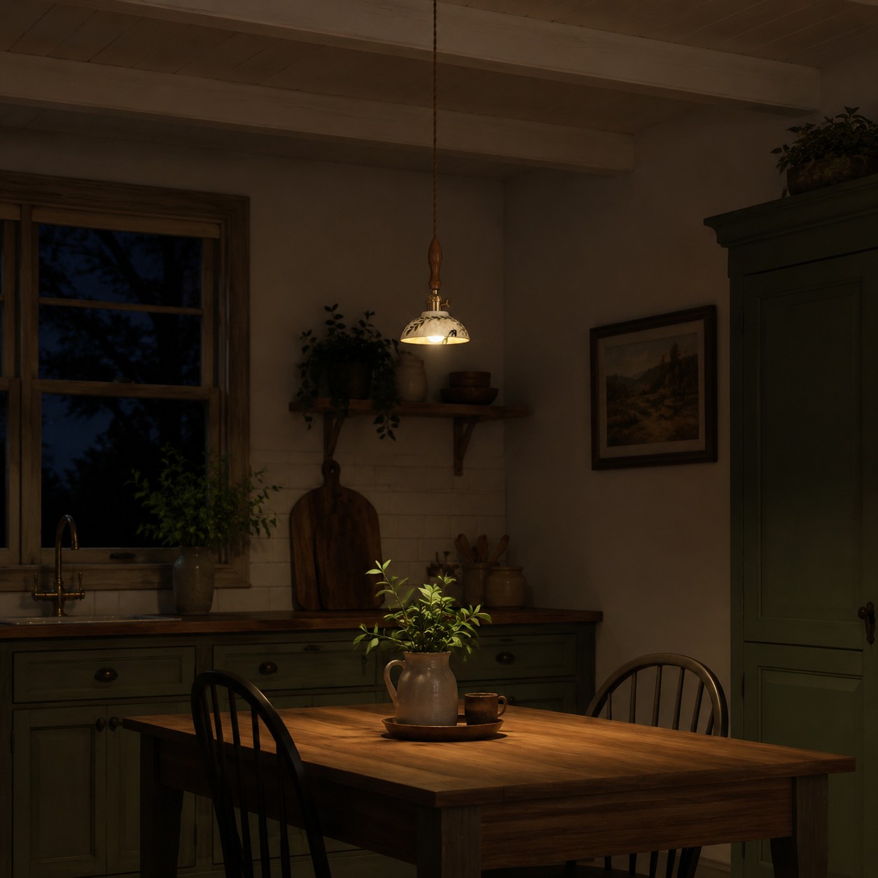 Botanical ceramic pendant creating focused evening light above a dining table