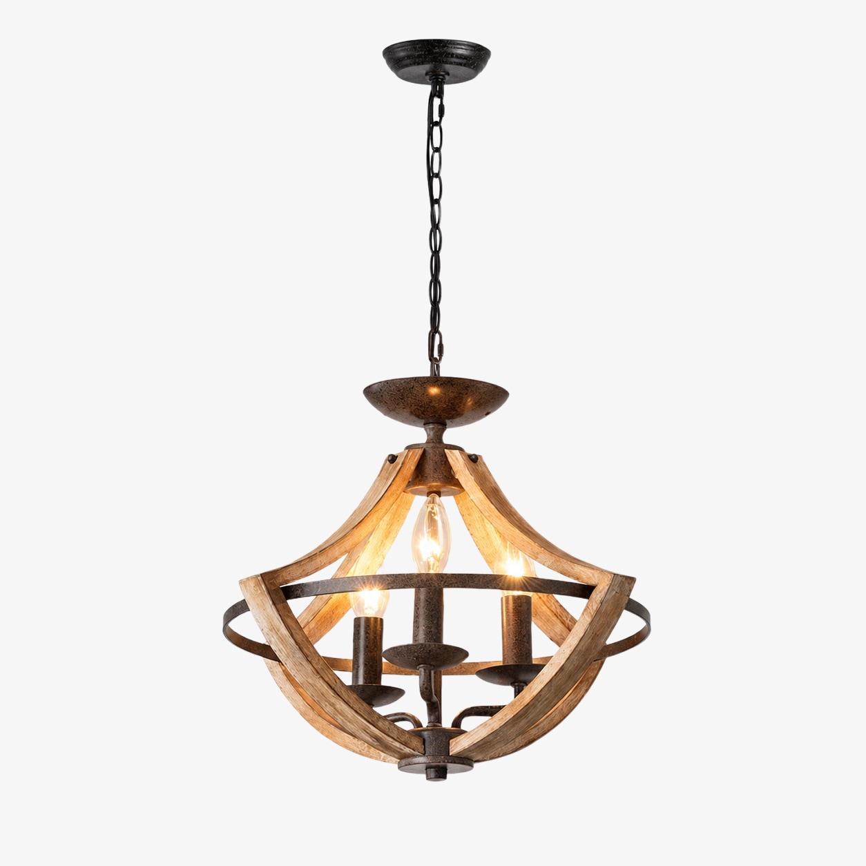 Lustre suspendu à 3 lumières en bois vieilli rustique et finition rouille