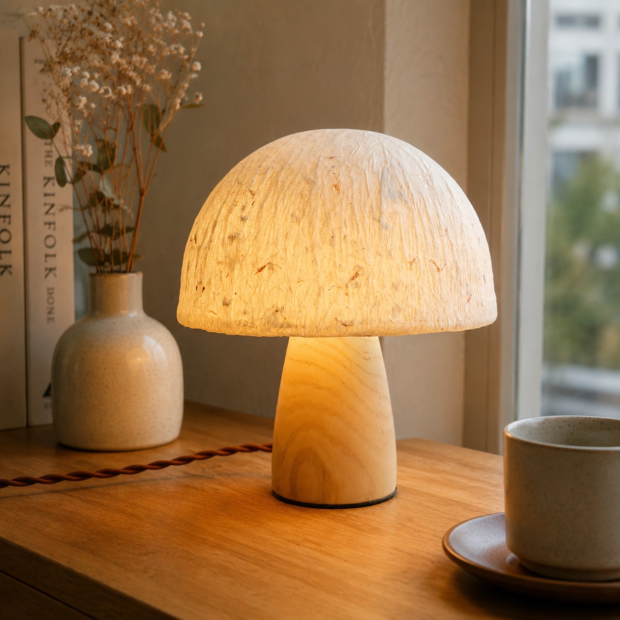 Lámpara de mesa con forma de seta sobre una superficie de madera cálida cerca de una ventana.