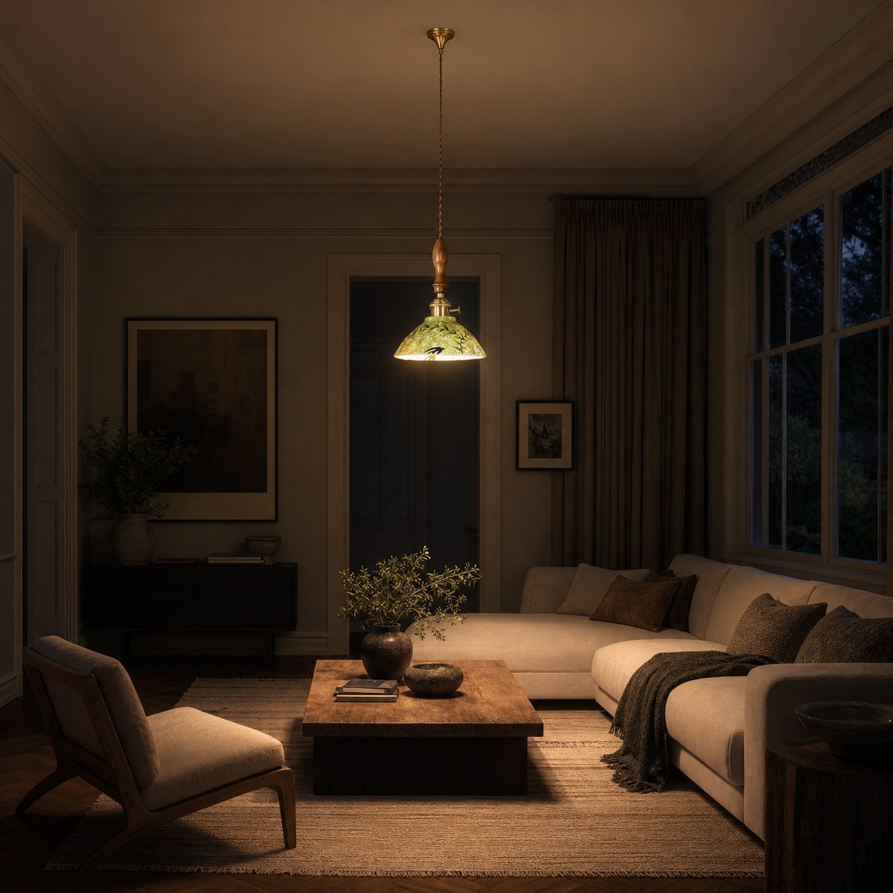 Botanical ceramic pendant installed in a warm living room