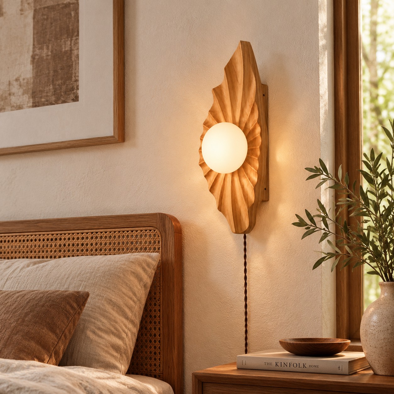 Warm wall lamp placement in a calm interior