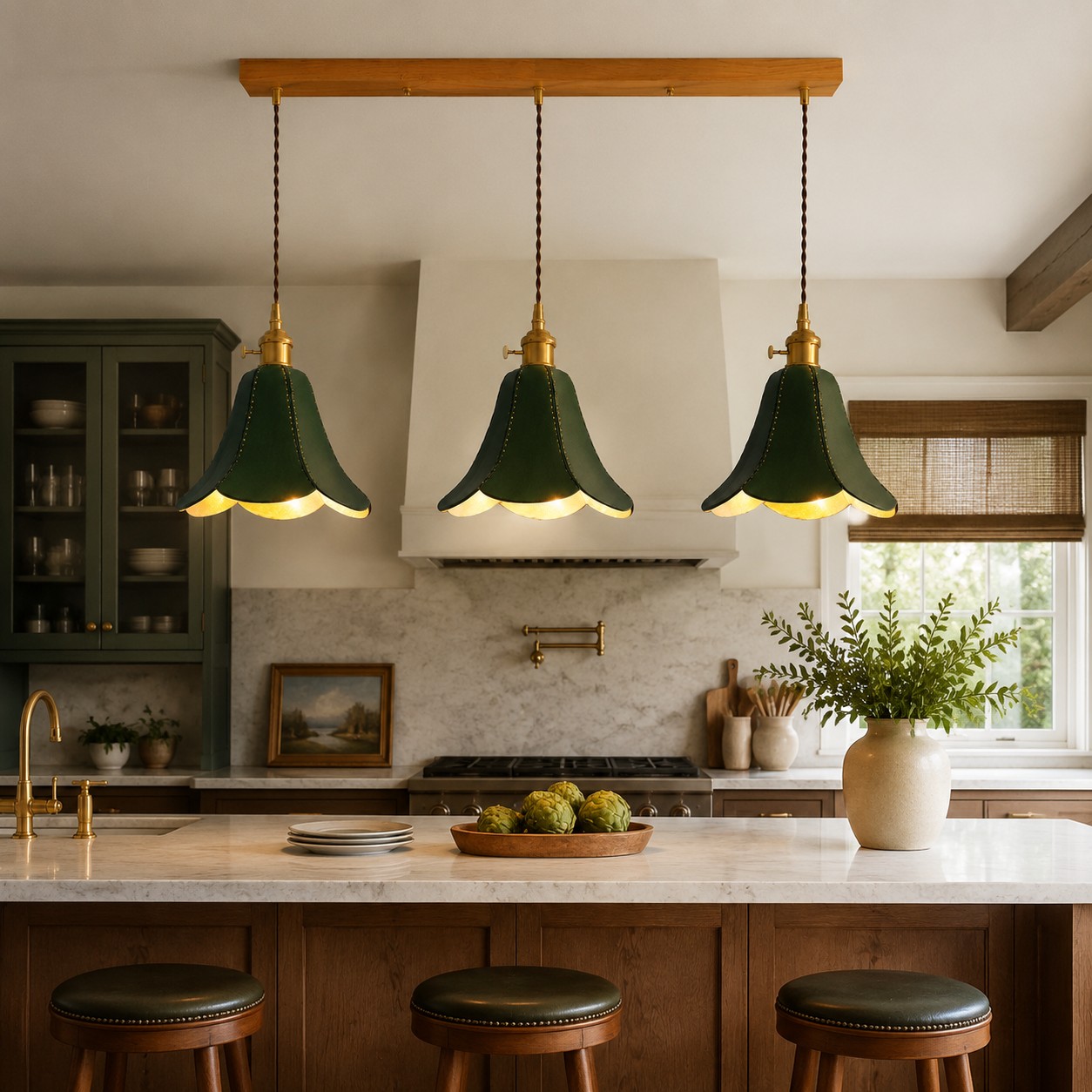 Green triple pendant above a kitchen island
