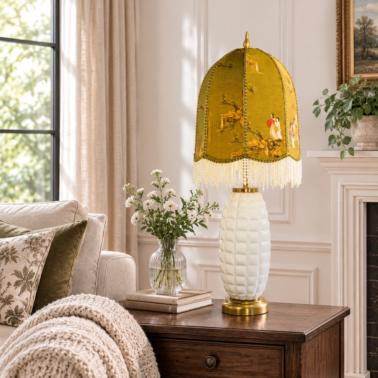 Vintage ceramic table lamp styled on a living room side table