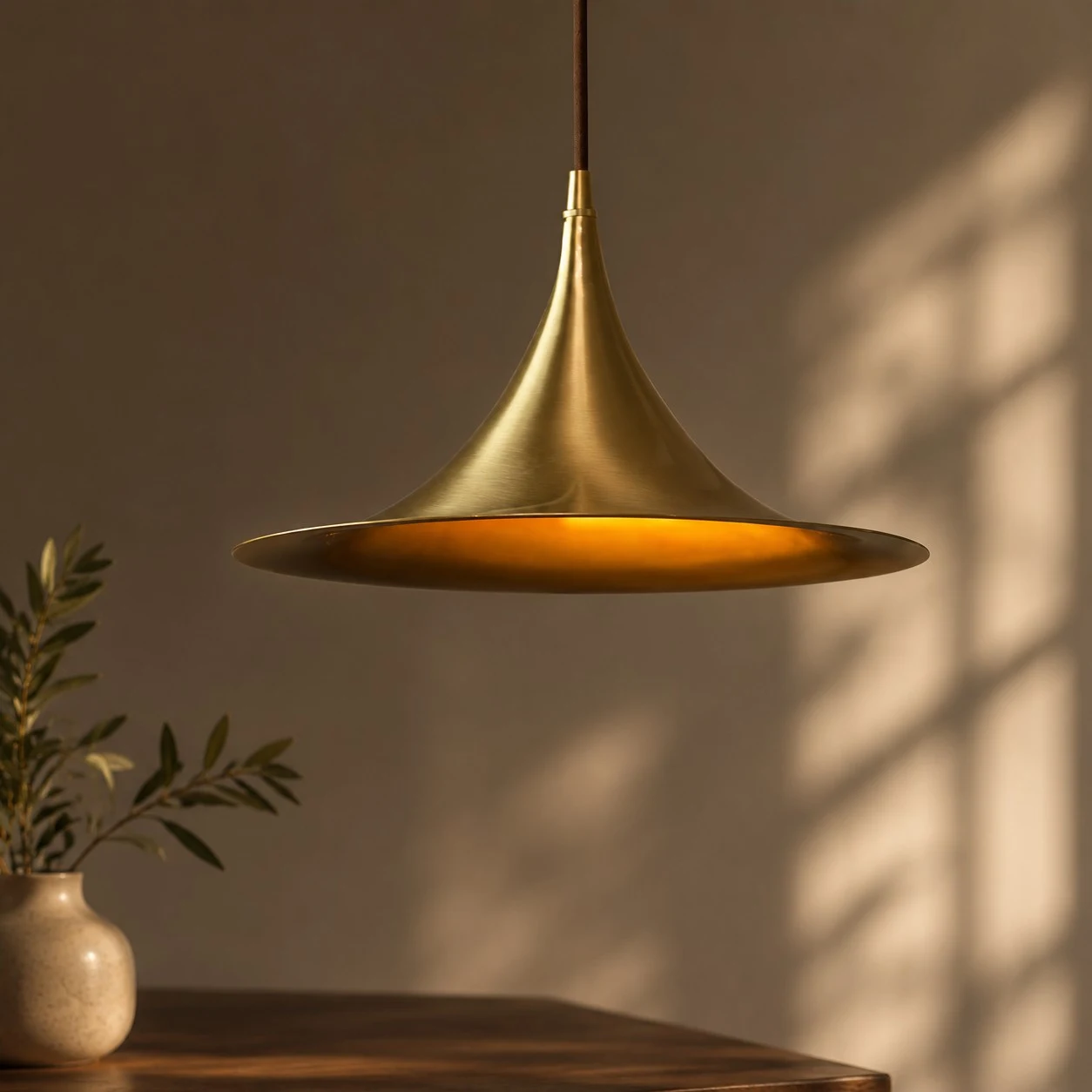Brass pendant positioned above a dining table