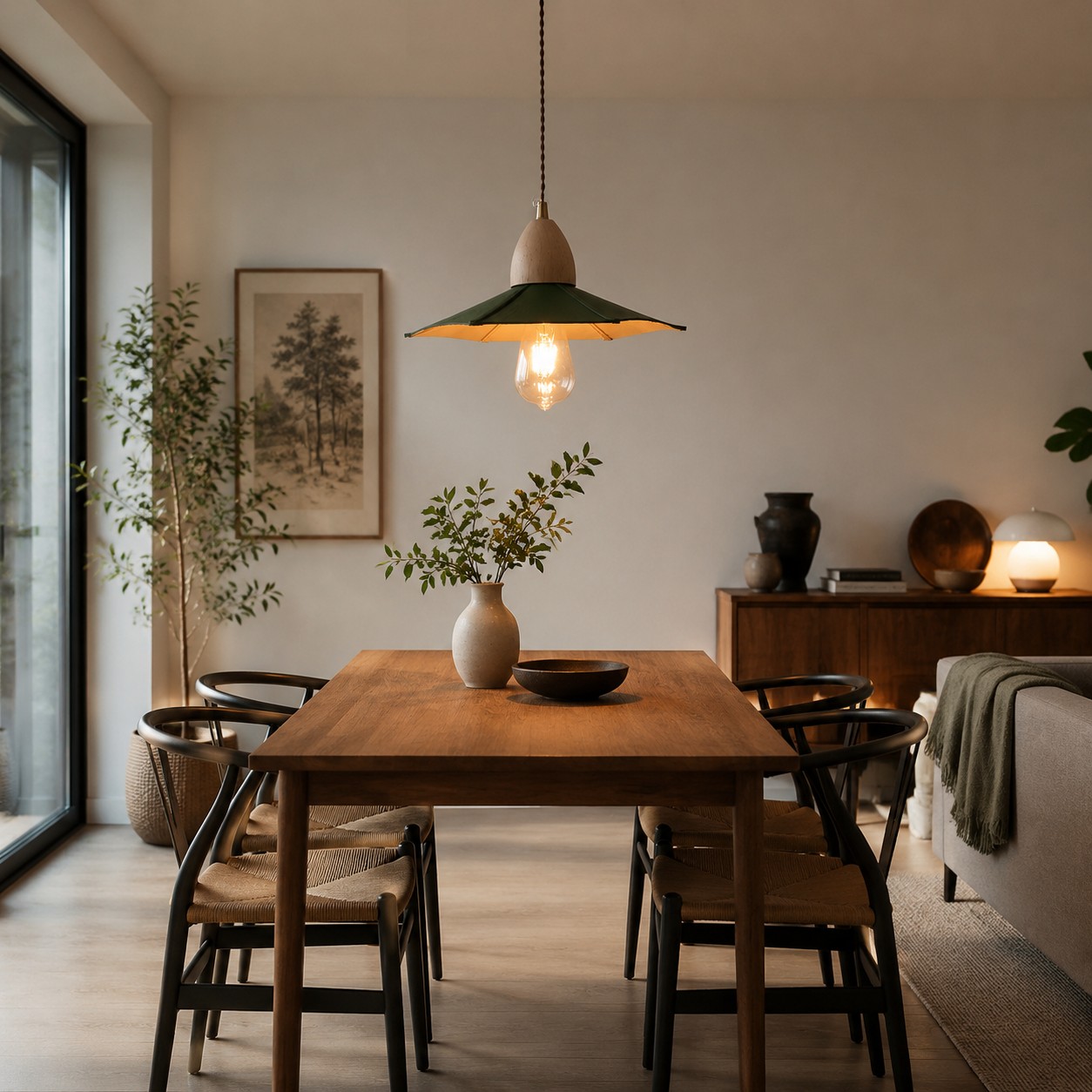 Vintage leather pendant light in a dining room