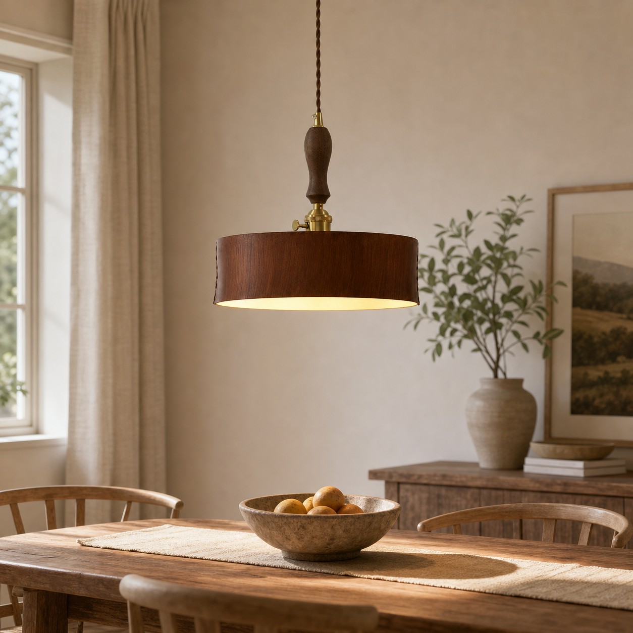 Lámpara colgante de cuero marrón vintage instalada sobre una mesa de comedor de madera
