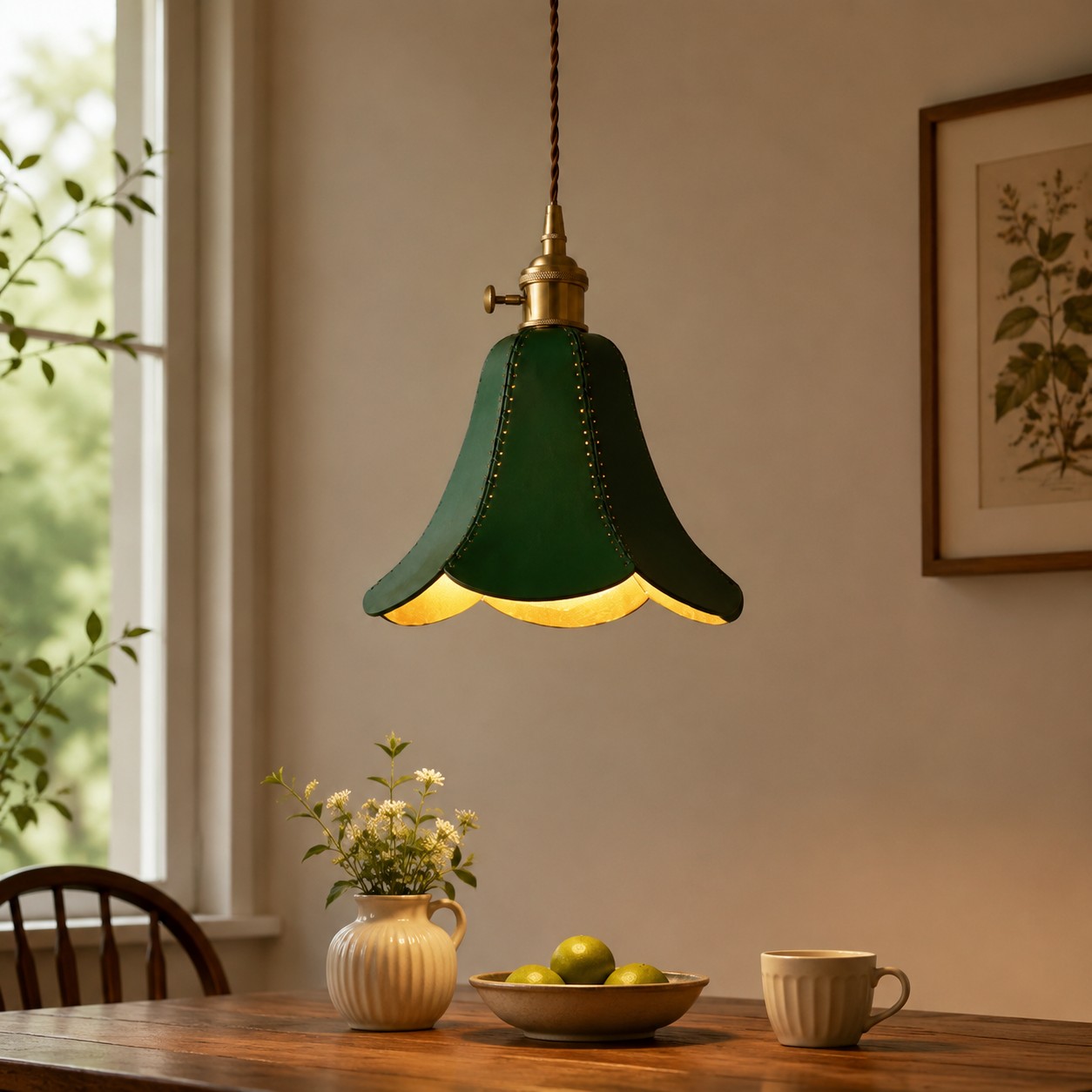 Green single pendant in a dining room