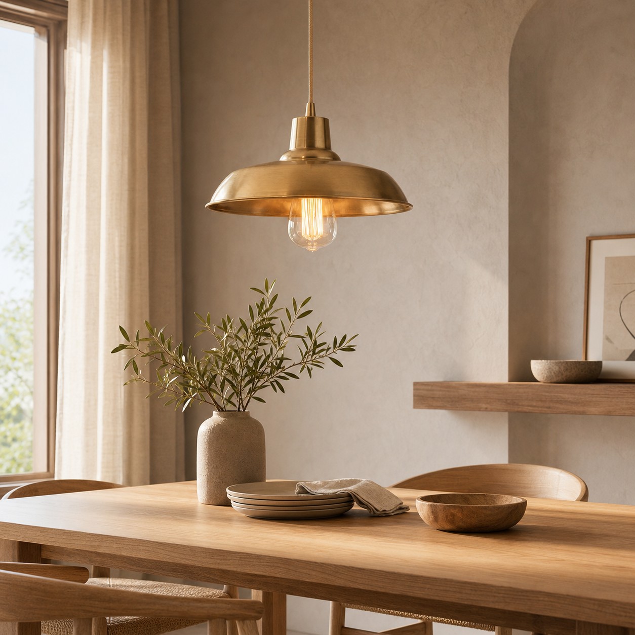 Mosiężna lampa wisząca nad stołem jadalnym