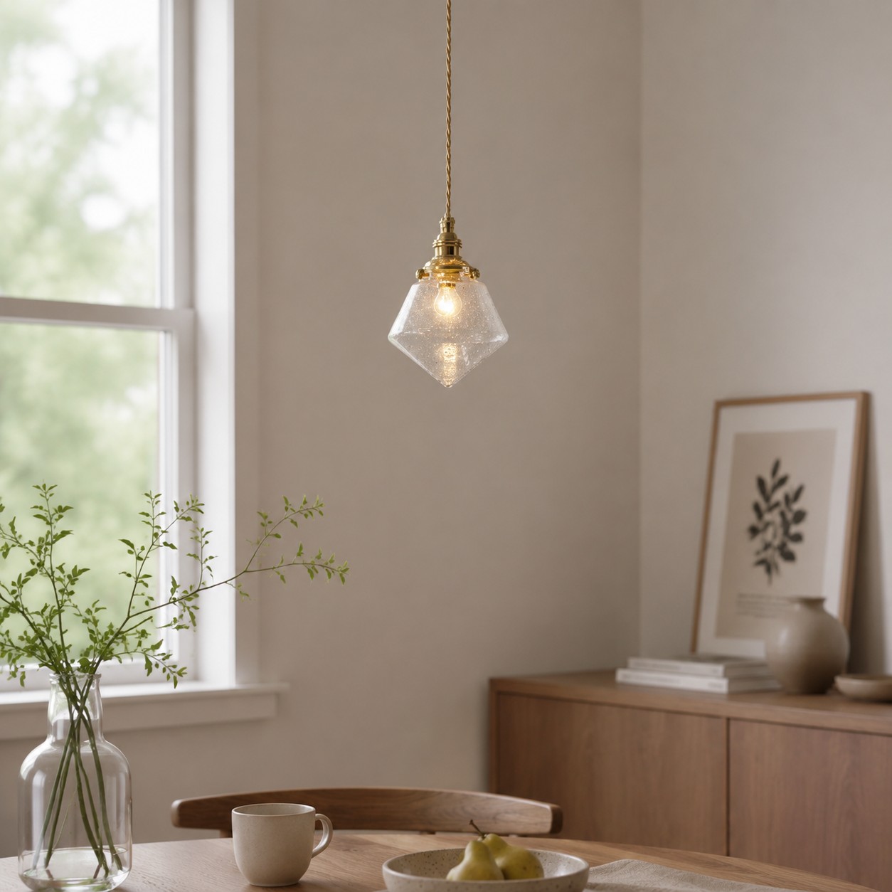 Bubble glass pendant in a bright breakfast corner