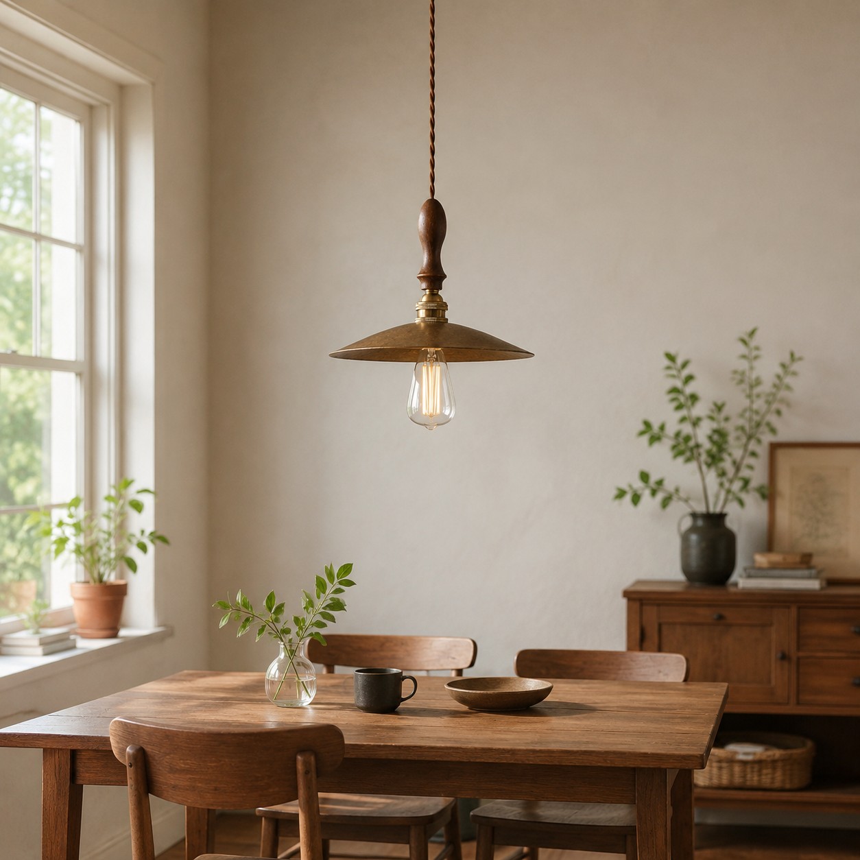Lámpara colgante de latón vintage sobre una mesa de comedor