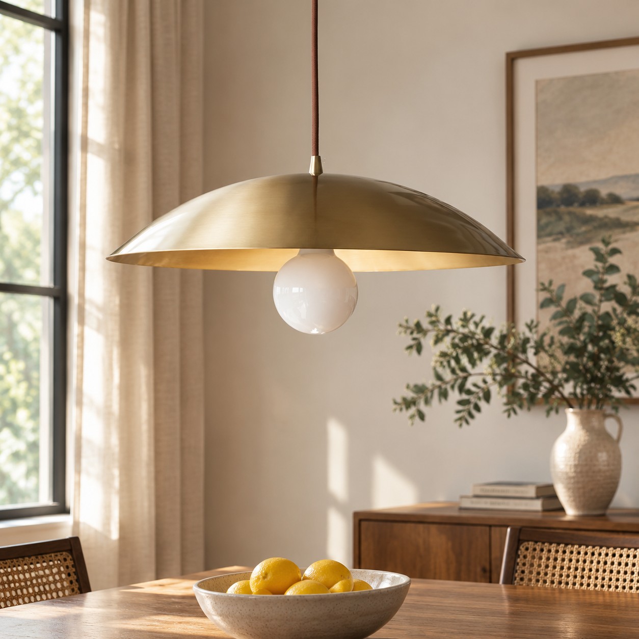 Brushed brass dome pendant above a dining table