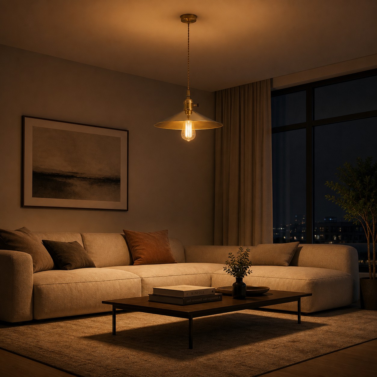 Brass pendant light above a quiet lounge setting