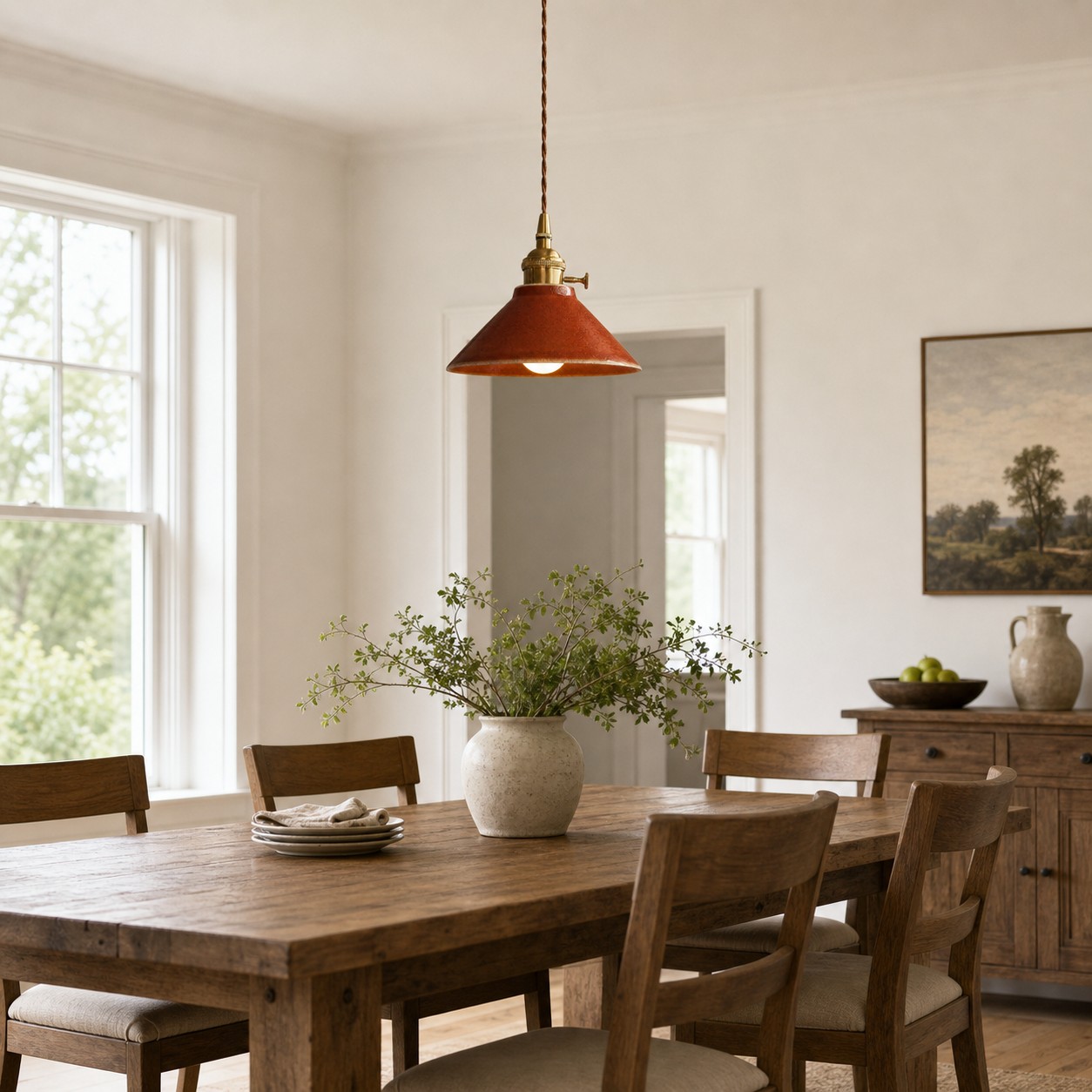 Glazed ceramic pendant installed above a dining table