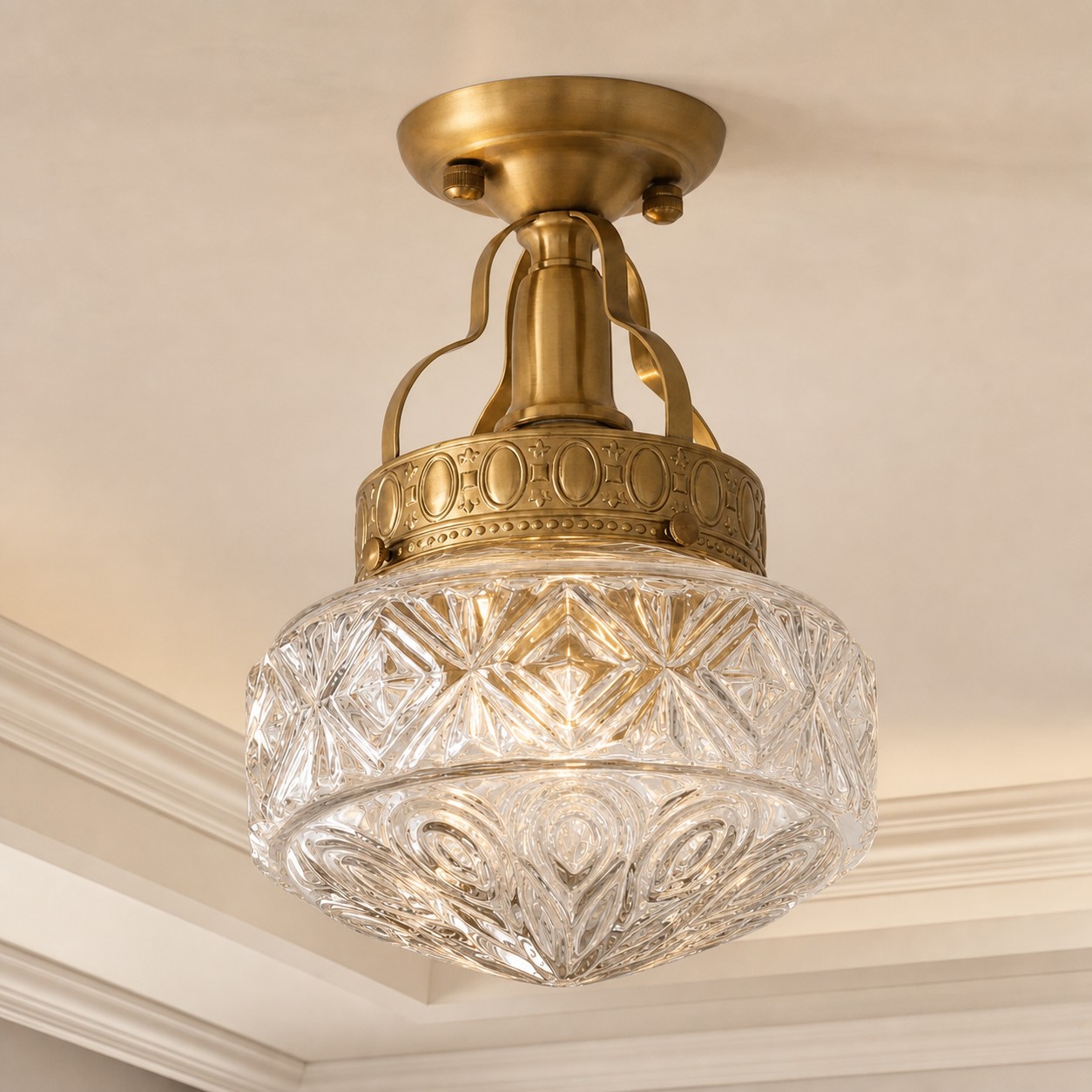 Präglad taklampa i klart glas i en varm klassisk interiör
