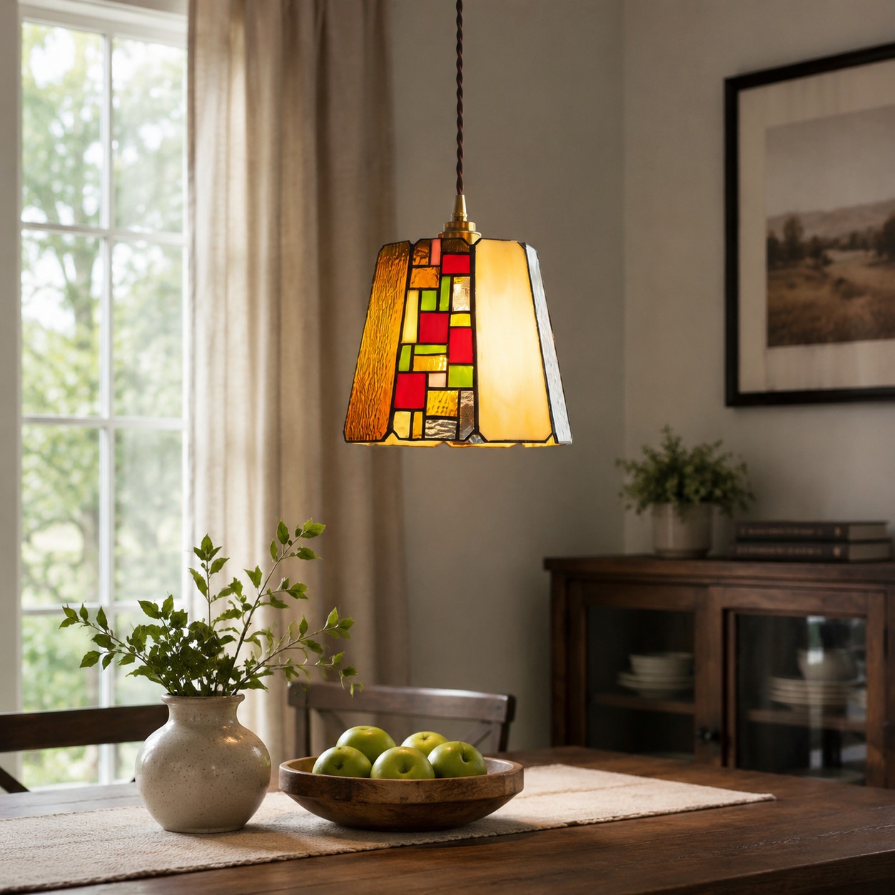 Stained glass pendant positioned above a bright dining table