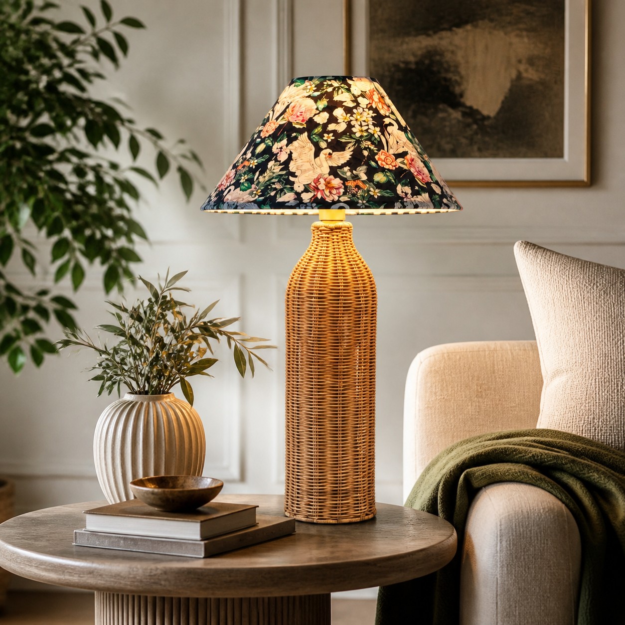 Tischlampe aus geflochtenem Rattan auf einem Beistelltisch im Wohnzimmer