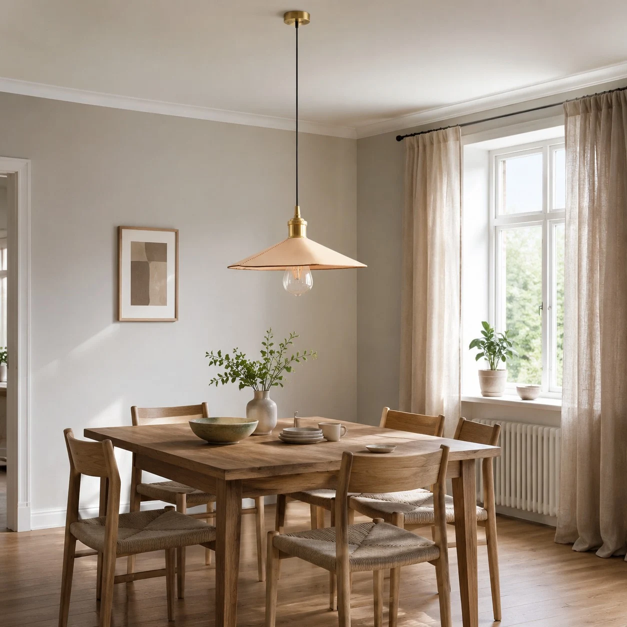 Leather-look cone pendant light installed above a dining table