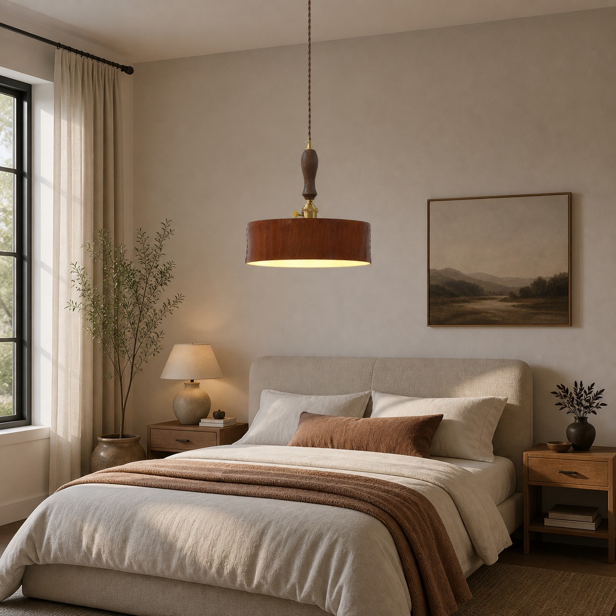 Lámpara colgante de cuero marrón vintage instalada en un dormitorio acogedor de tonos neutros