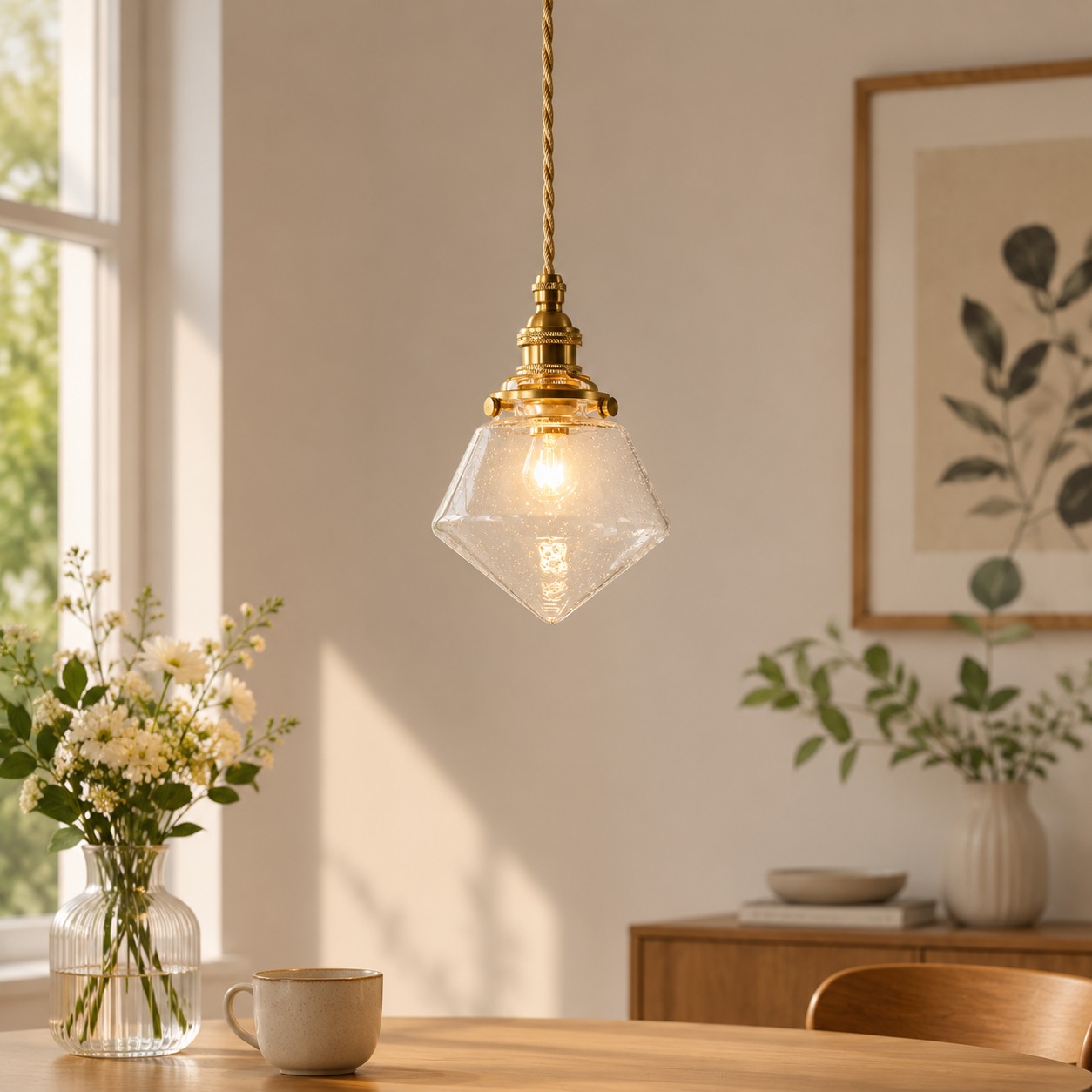 Bubble glass pendant styled above a cafe table