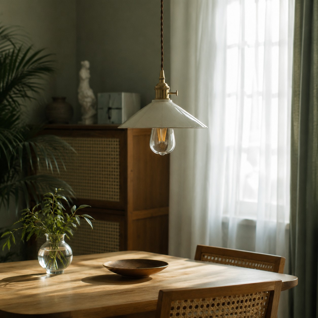 Wabi-sabi ceramic pendant light above a dining table