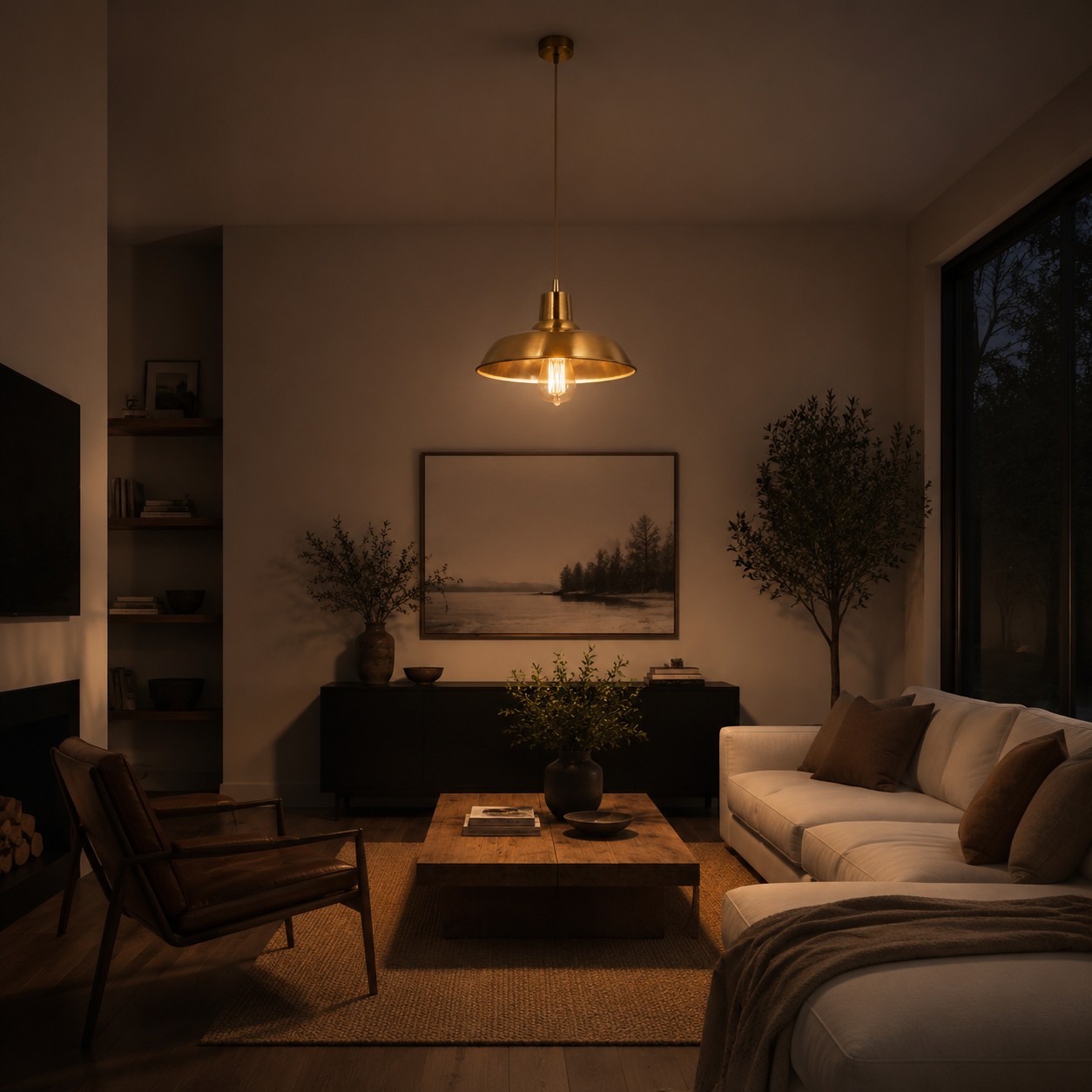 Brass pendant light in a warm evening living room