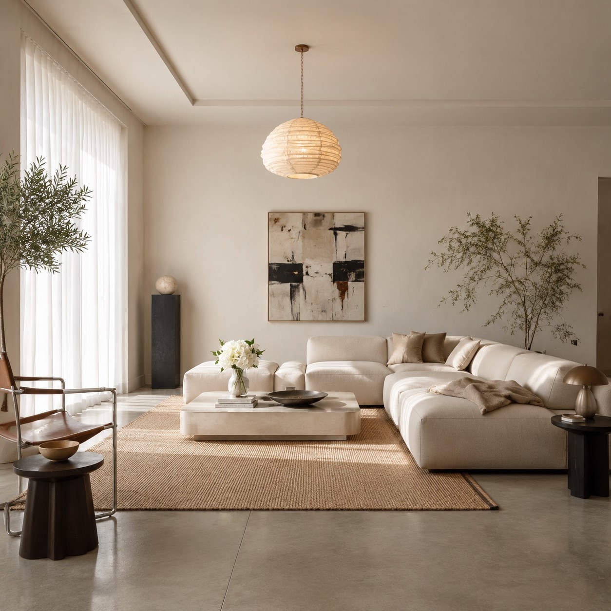 Suspension en lin wabi-sabi au-dessus d’un canapé dans un salon à l’atmosphère douce