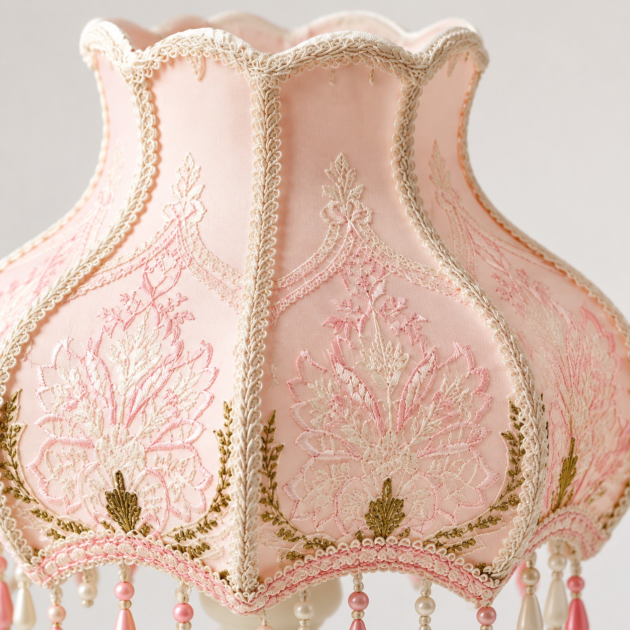 Pink embroidered fabric lampshade detail