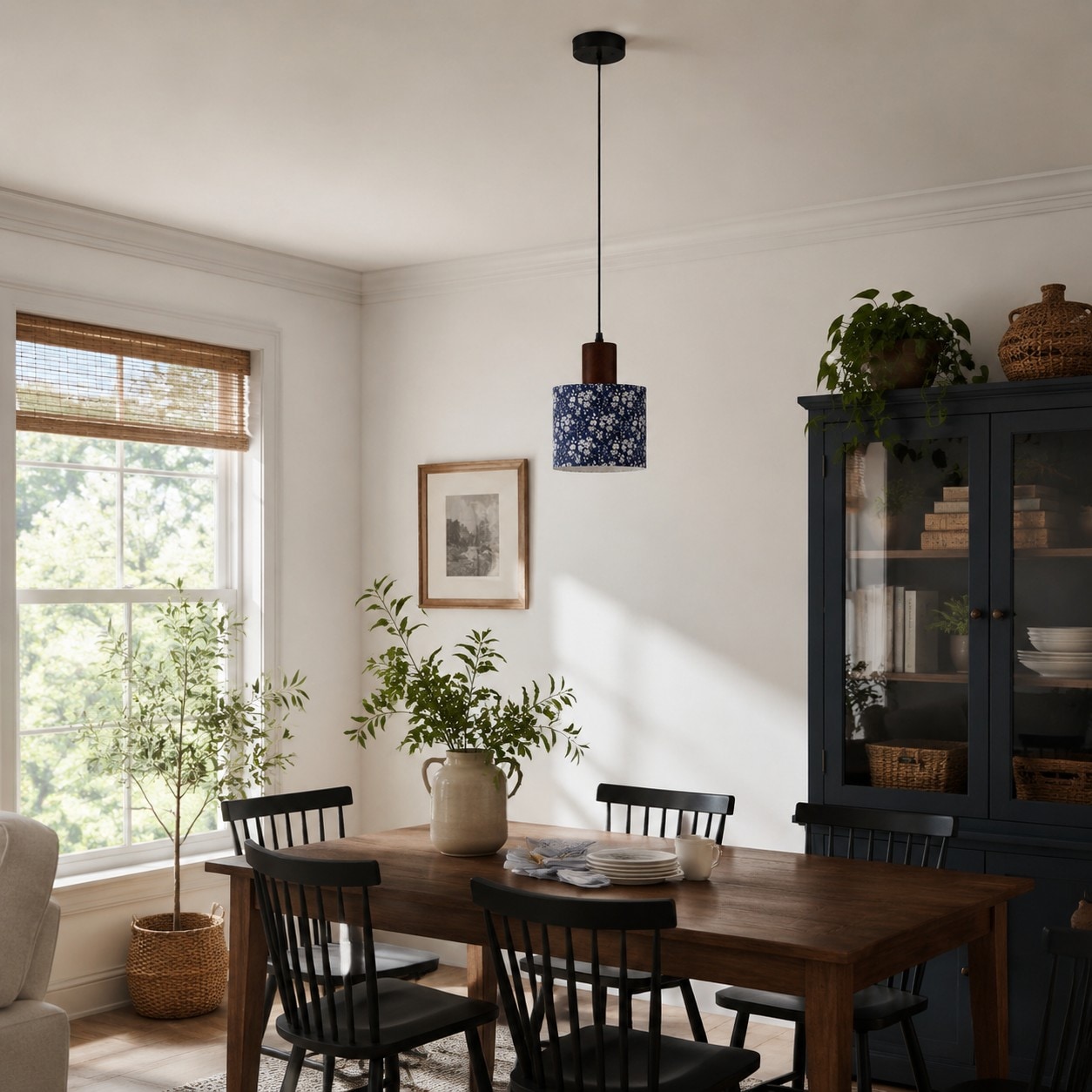 Blue pattern above a dining table
