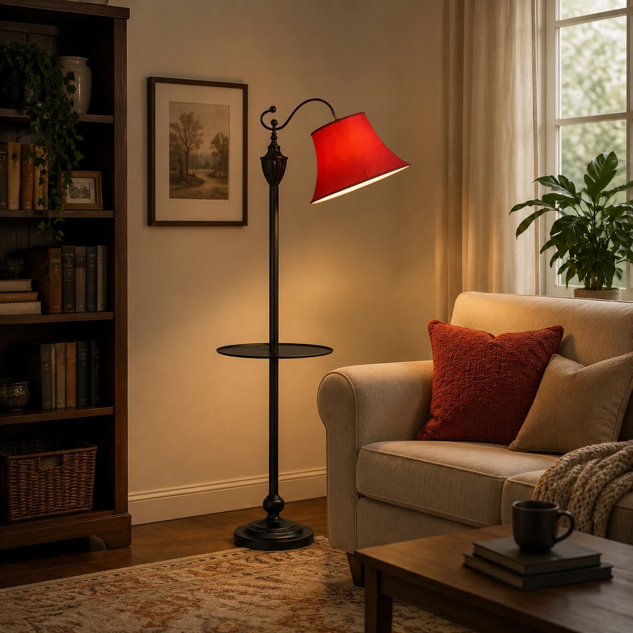 Lampadaire à abat-jour en tissu bordeaux, illuminé à côté d'un canapé et d'une table basse.