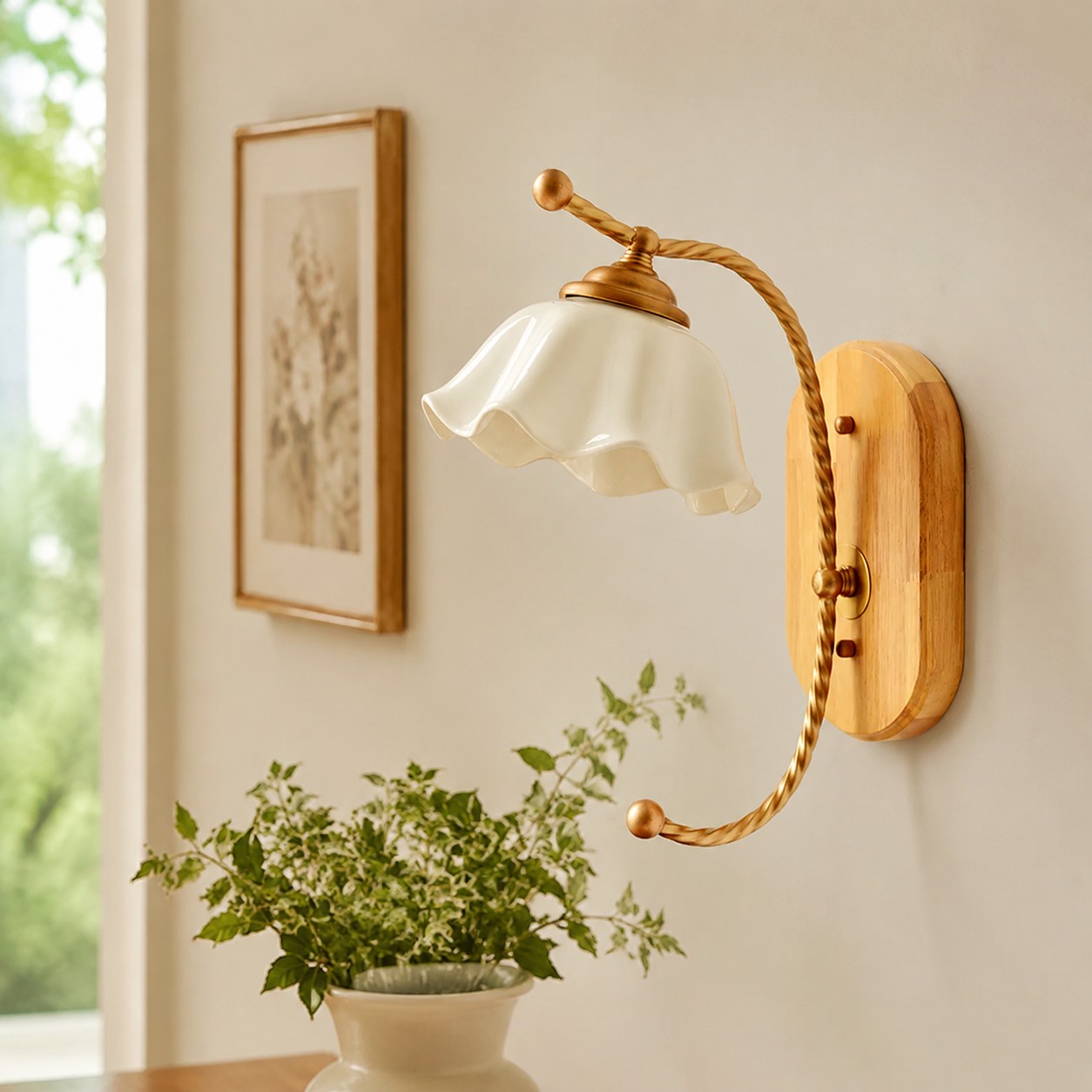 Floral ceramic wall sconce styled in a warm interior